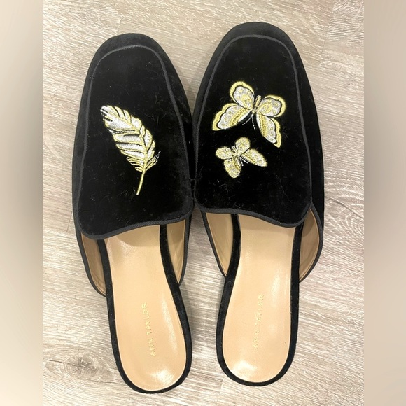 Blogger Fave Leather Ann Taylor Velvet Black Gold Embroidery Loafers Butterfly 9 - Picture 3 of 9